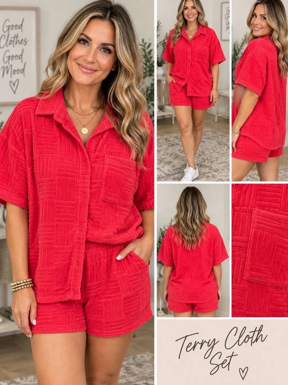 WinWin Red Terry Cloth Button-Front Top